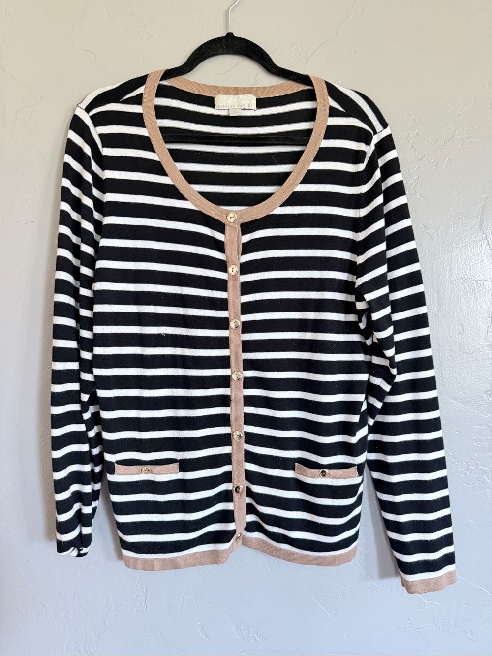 Carolyn Taylor XL Black White Striped Cardigan Camel Trim Gold Buttons